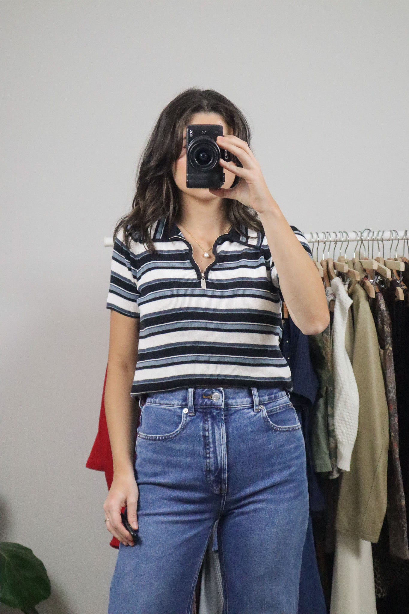 Vintage x Stripped Quater Zip Collared Top (M)