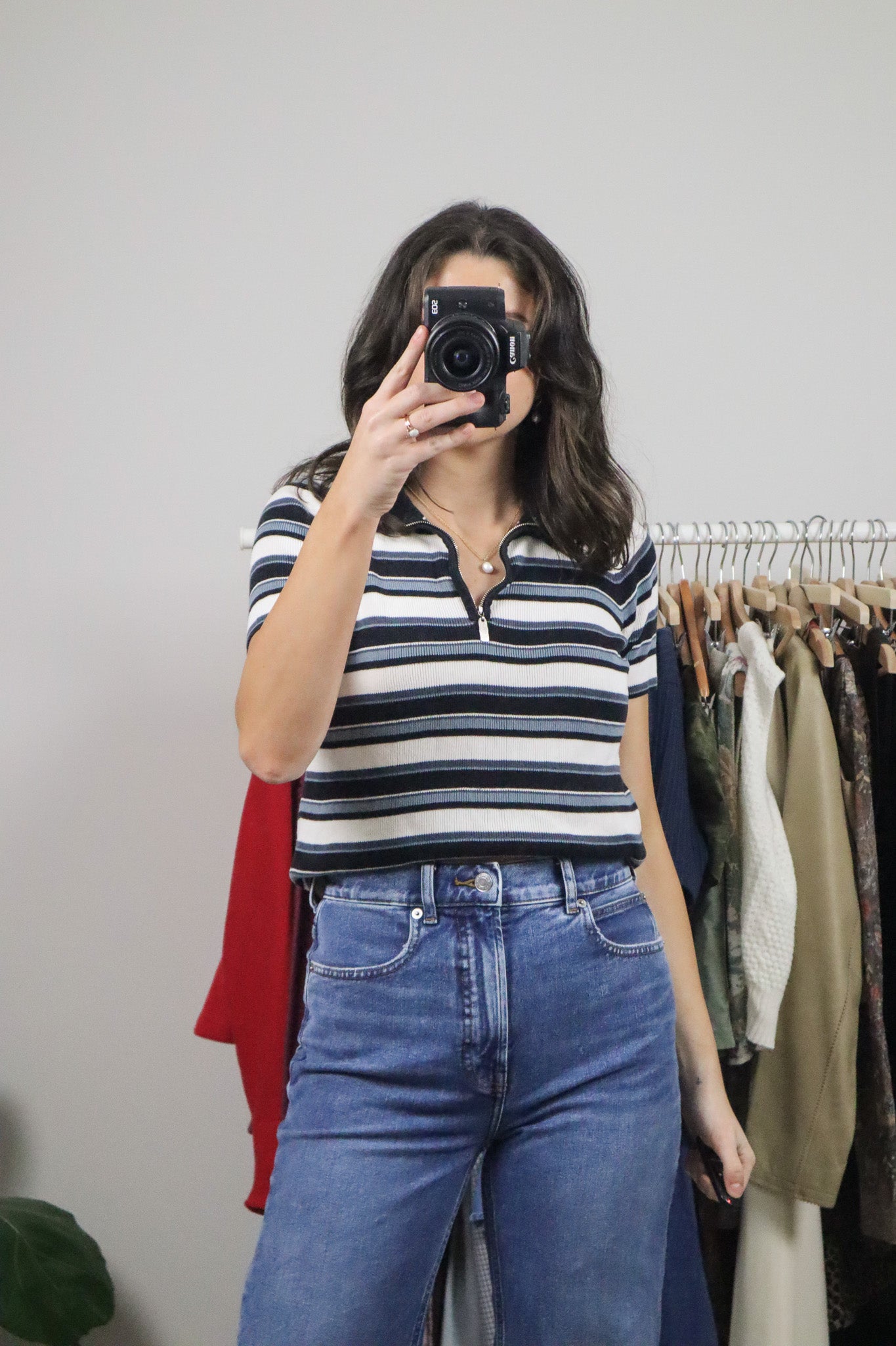 Vintage x Stripped Quater Zip Collared Top (M)