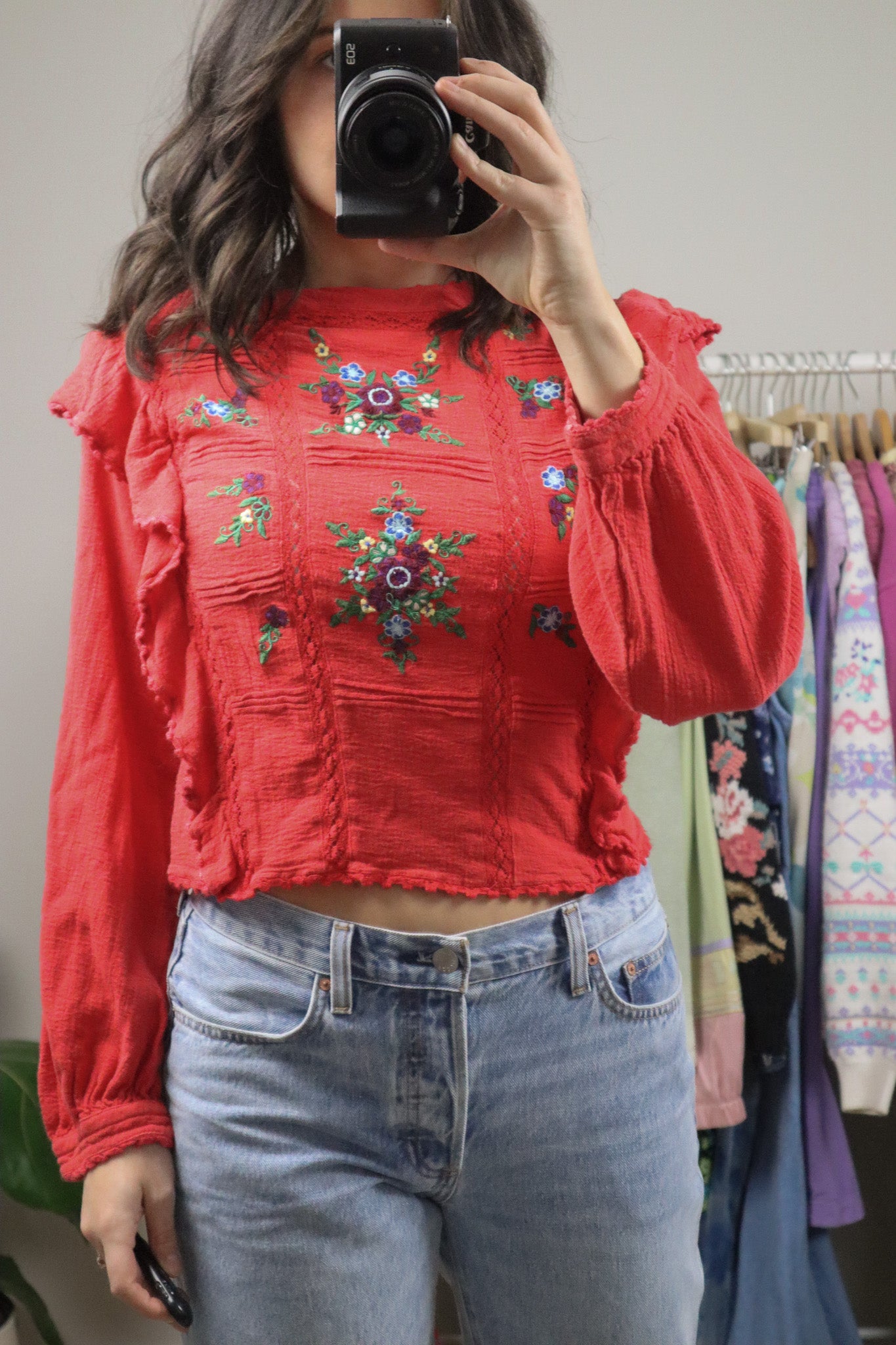 Free People x Cotton Embroidered Blouse (S)