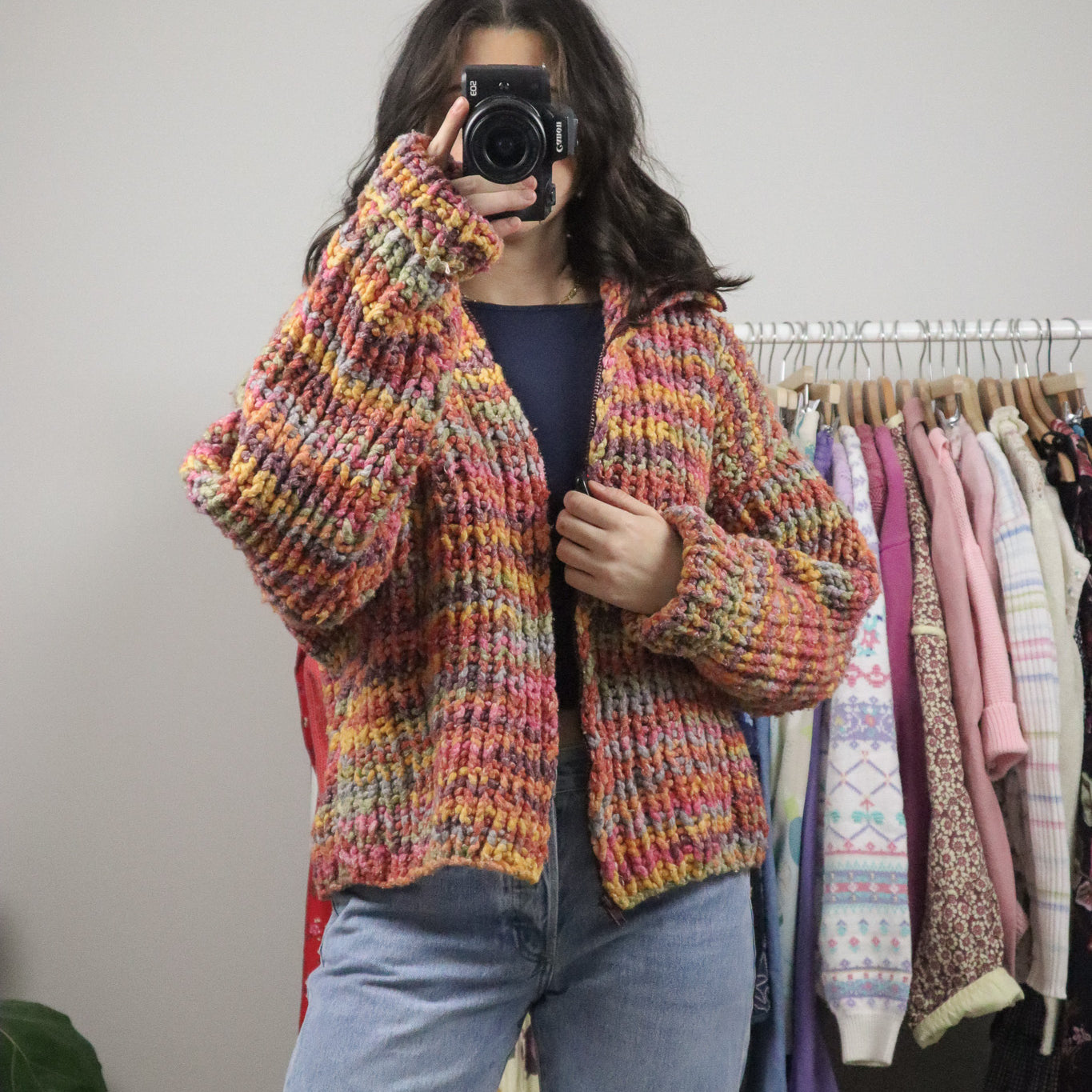 Vintage x Cotton/Wool Colourful Chunky Knit Cardigan (L)