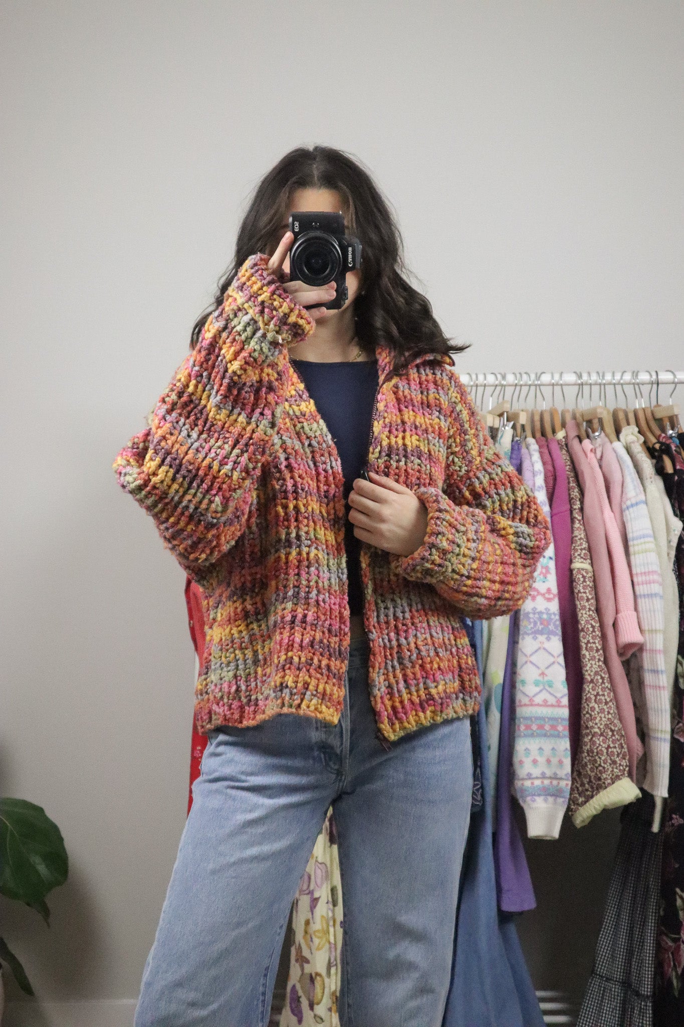 Vintage x Cotton/Wool Colourful Chunky Knit Cardigan (L)