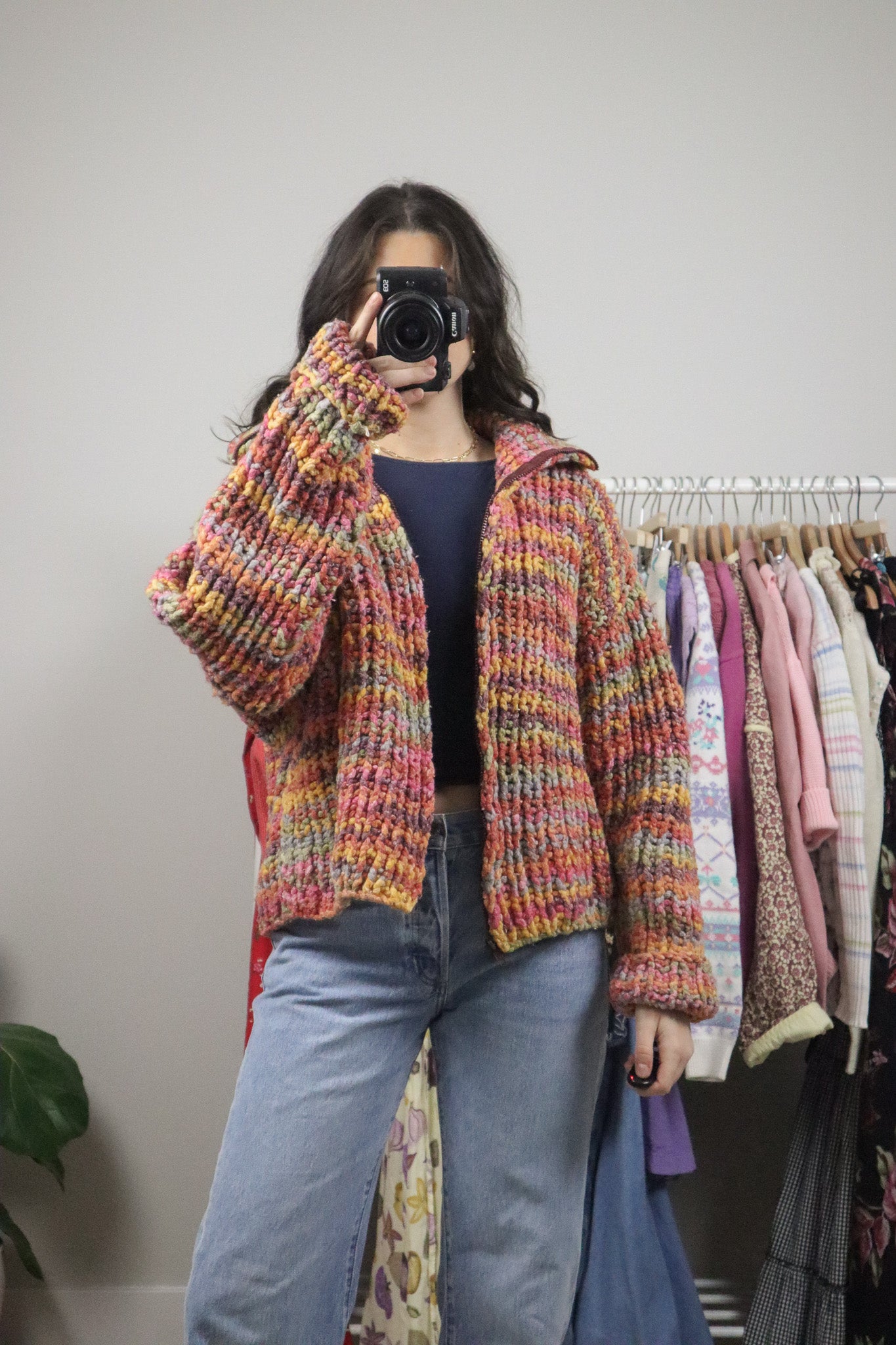 Vintage x Cotton/Wool Colourful Chunky Knit Cardigan (L)