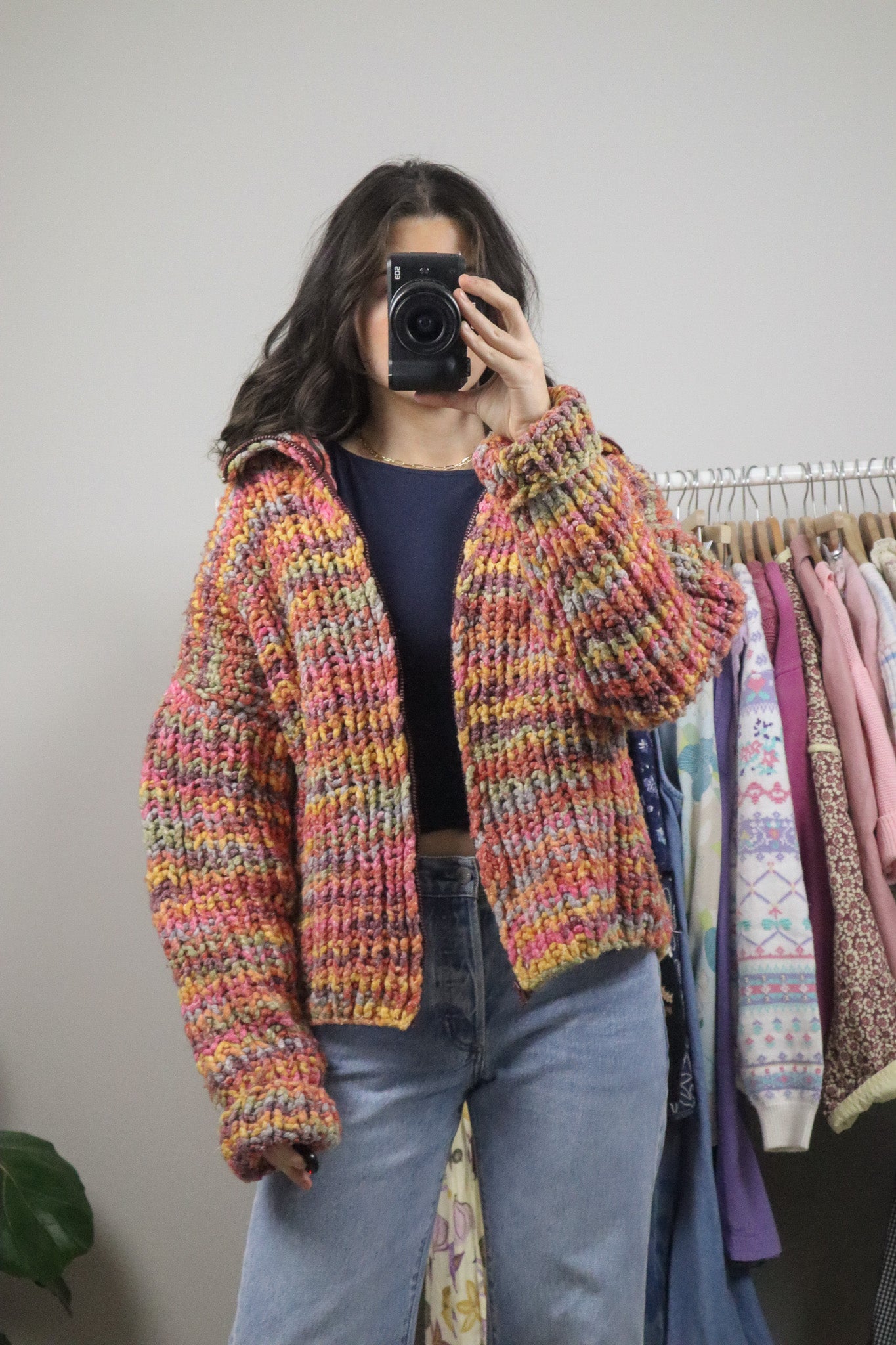 Vintage x Cotton/Wool Colourful Chunky Knit Cardigan (L)