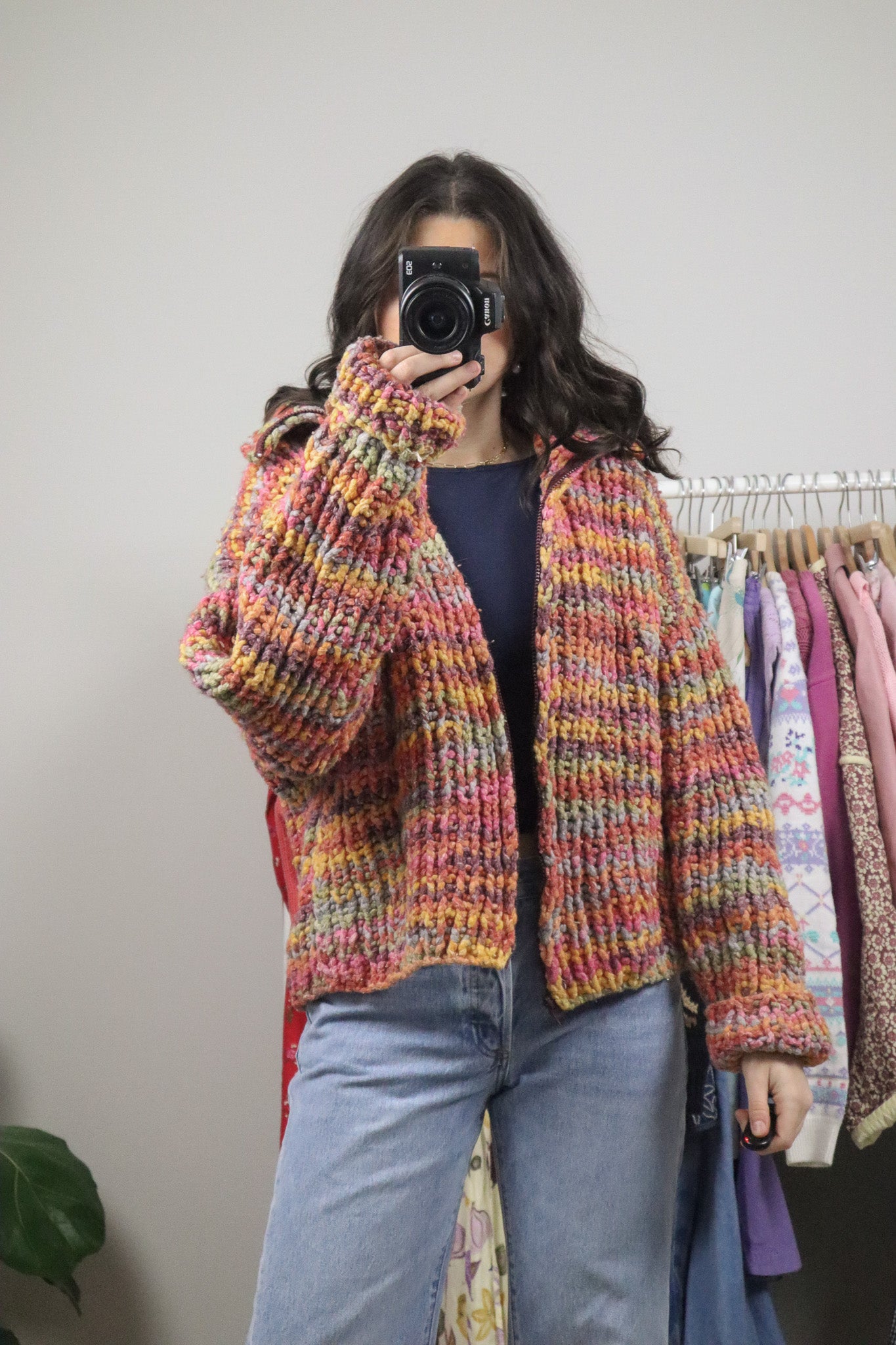 Vintage x Cotton/Wool Colourful Chunky Knit Cardigan (L)