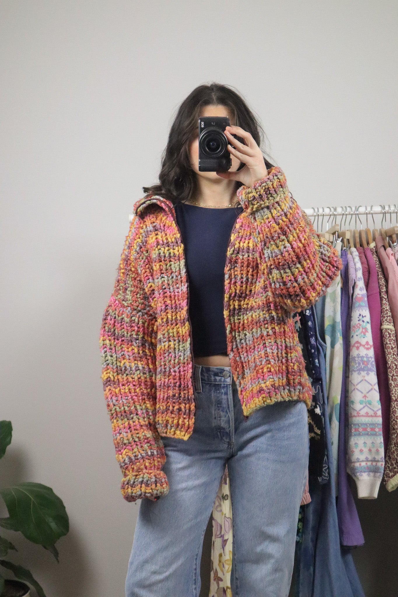 Vintage x Cotton/Wool Colourful Chunky Knit Cardigan (L)