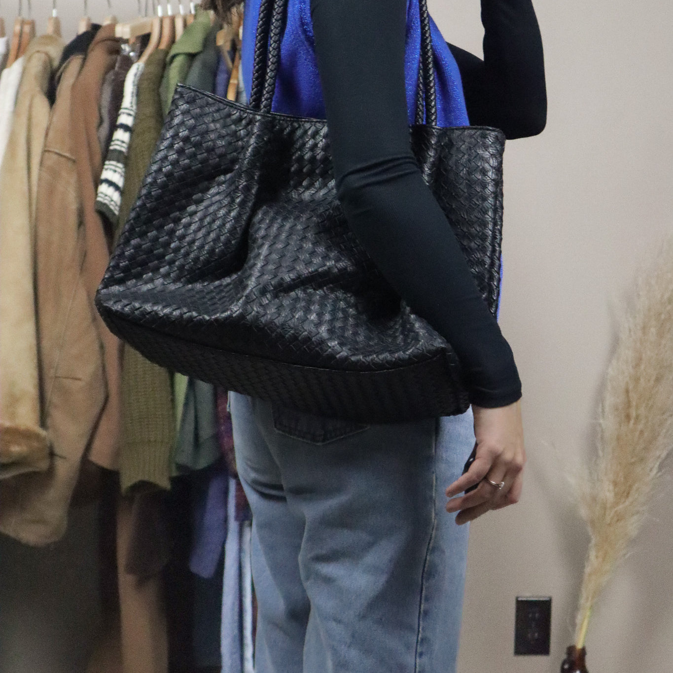Faux Leather x Woven Tote Bag