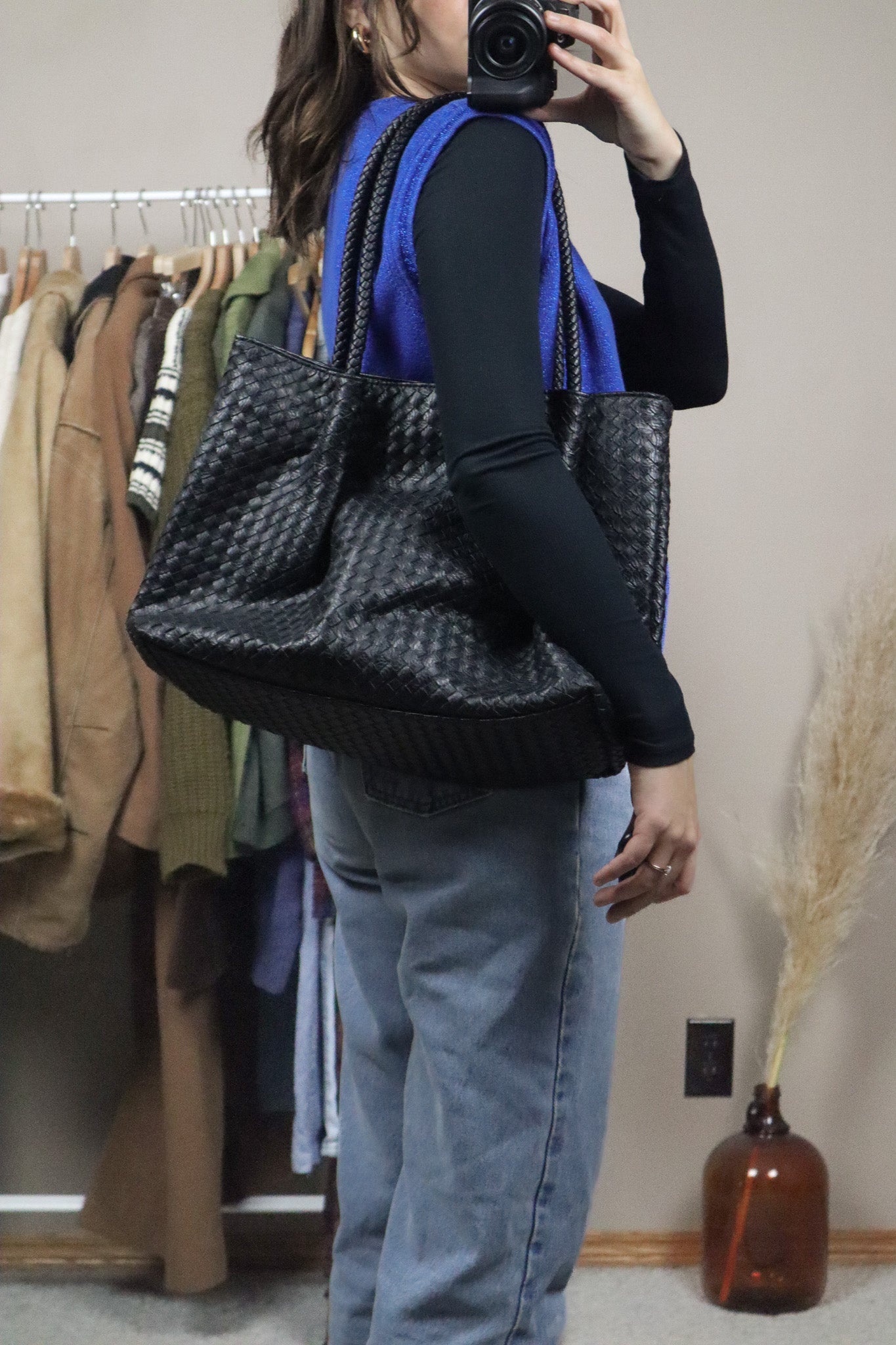Faux Leather x Woven Tote Bag