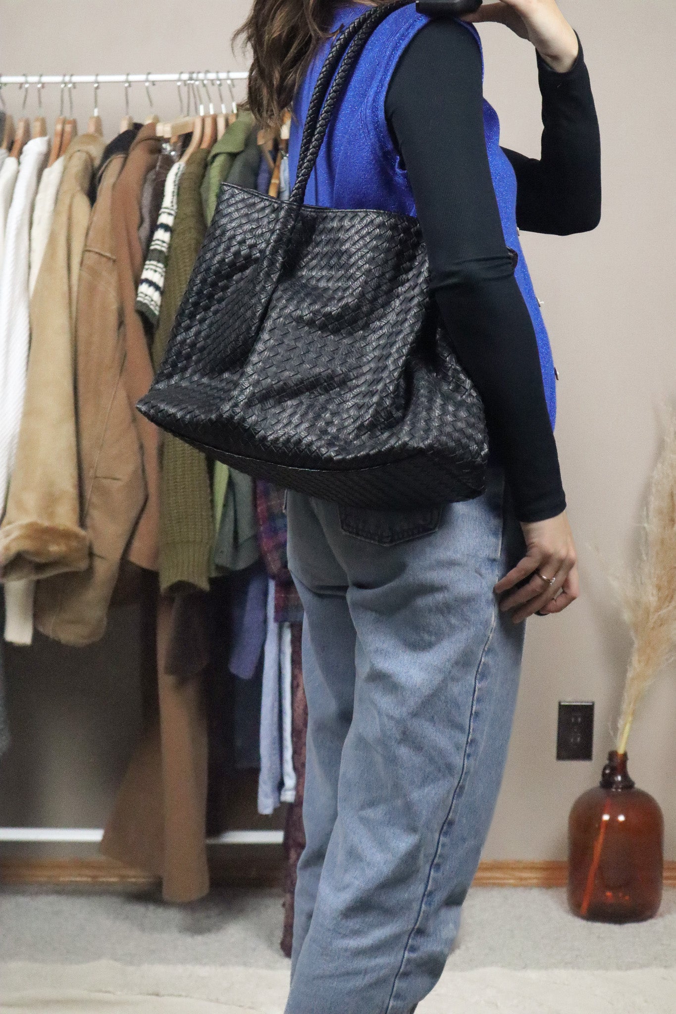Faux Leather x Woven Tote Bag