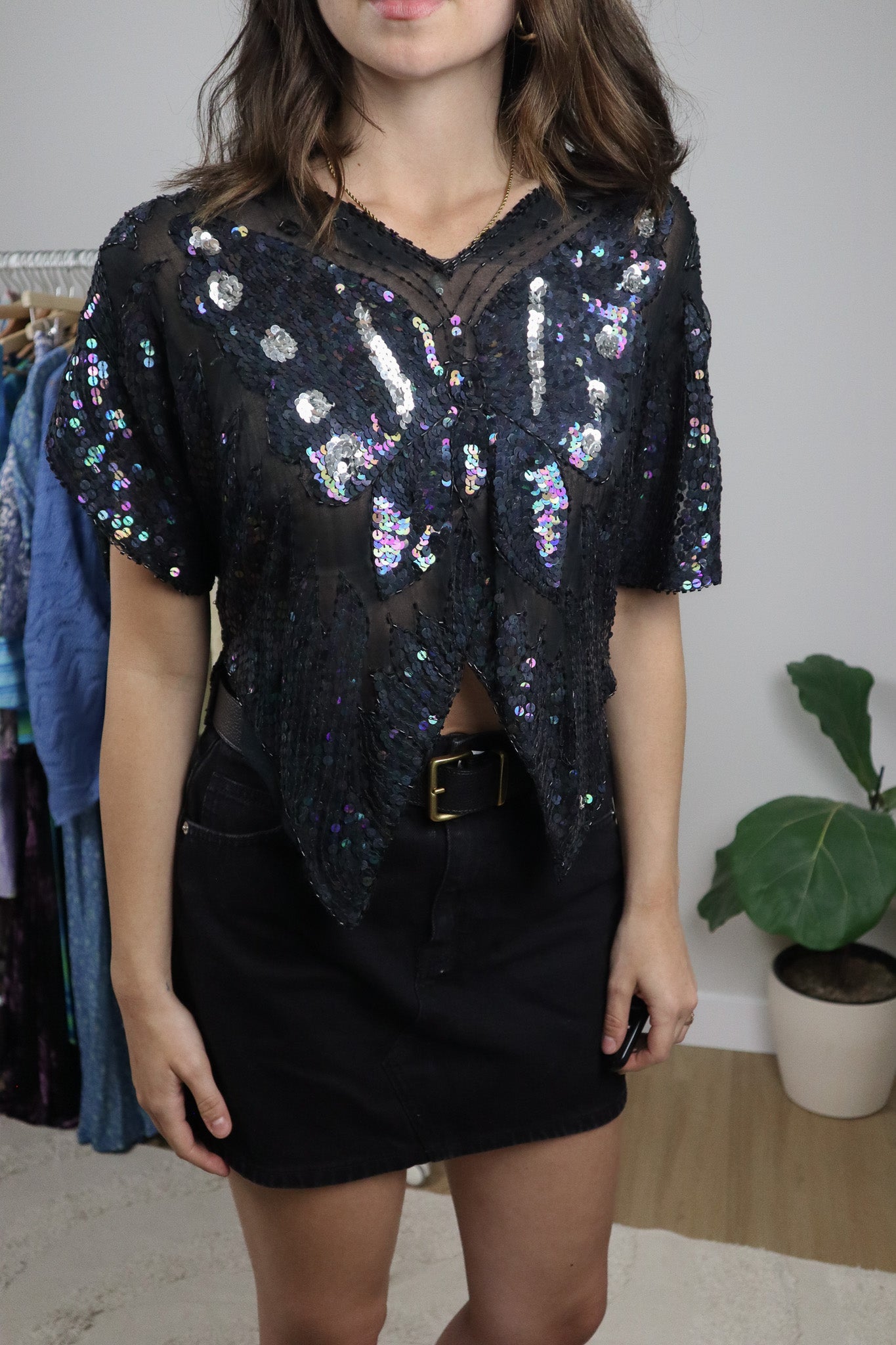 Vintage x Butterfly Mesh Sequins Beaded Top (S/M)