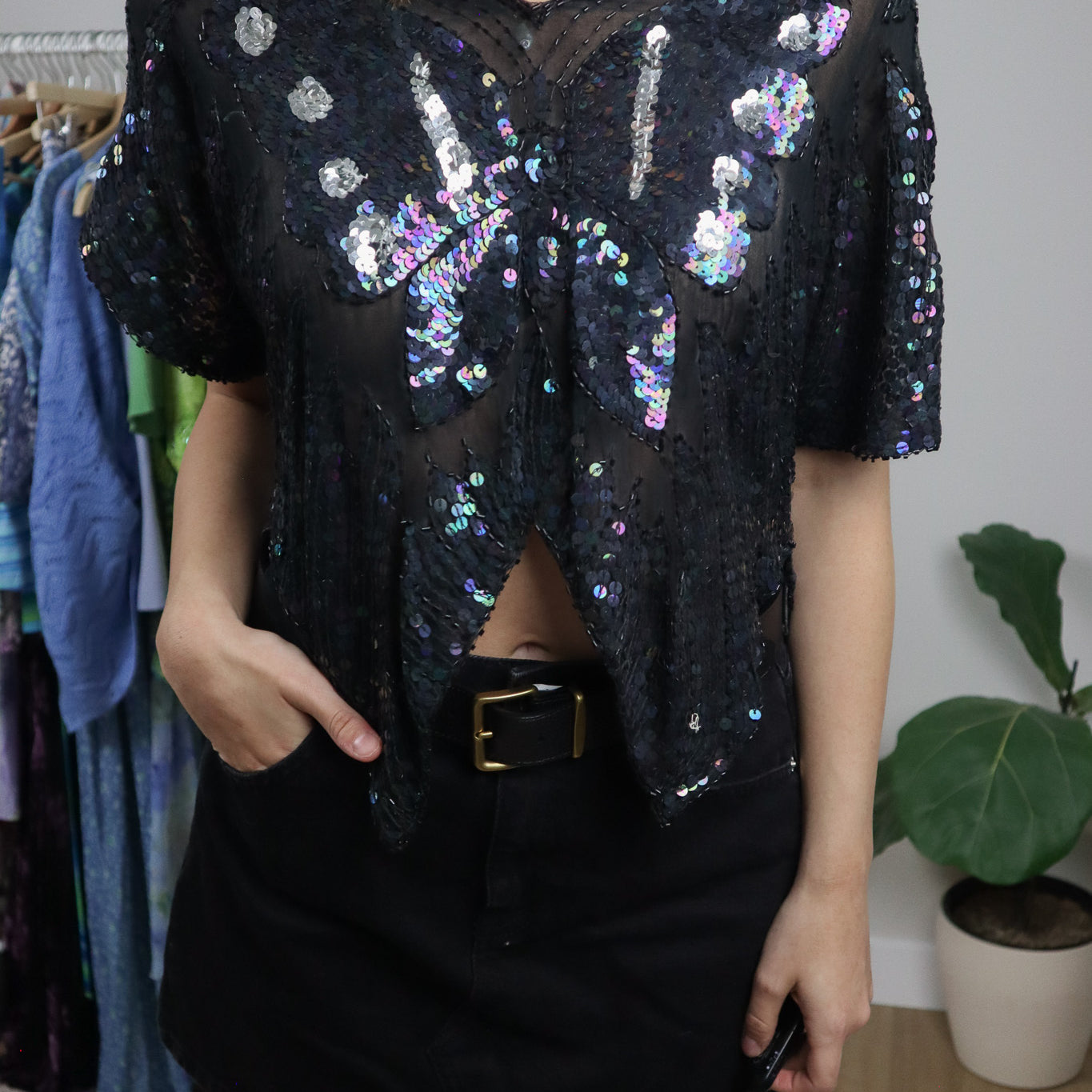 Vintage x Butterfly Mesh Sequins Beaded Top (S/M)