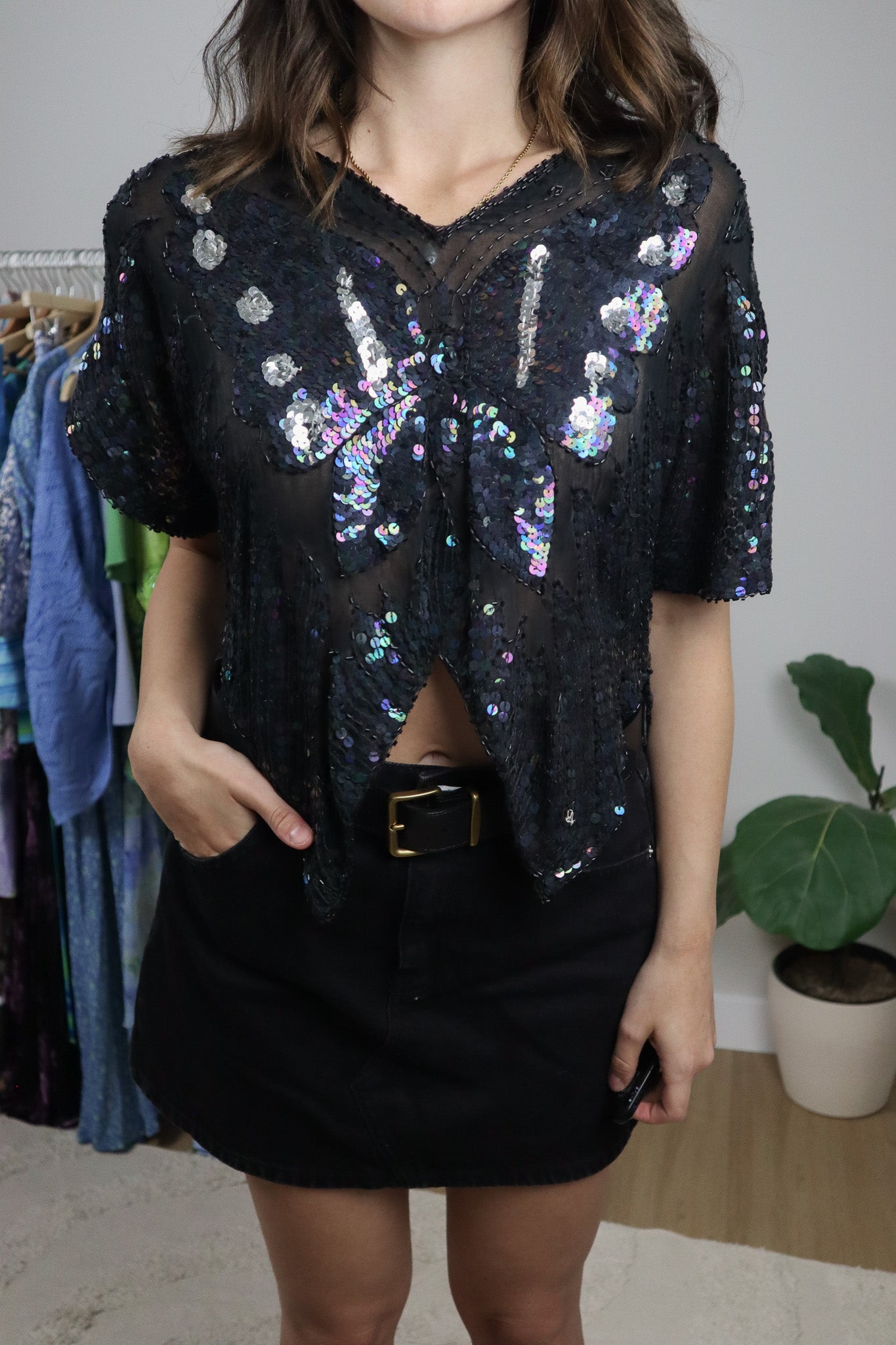 Vintage x Butterfly Mesh Sequins Beaded Top (S/M)