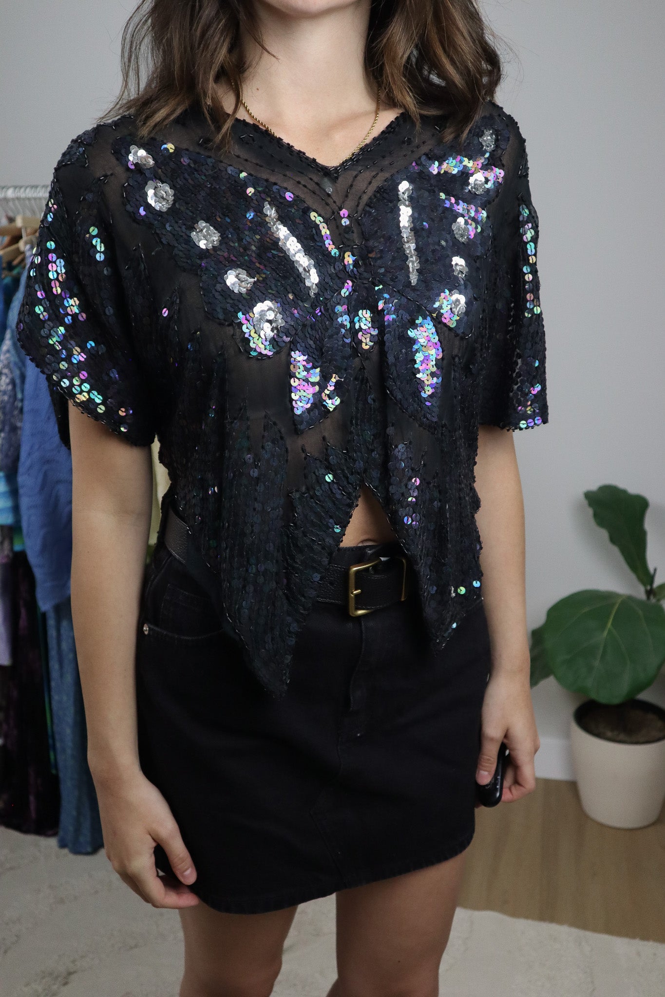 Vintage x Butterfly Mesh Sequins Beaded Top (S/M)