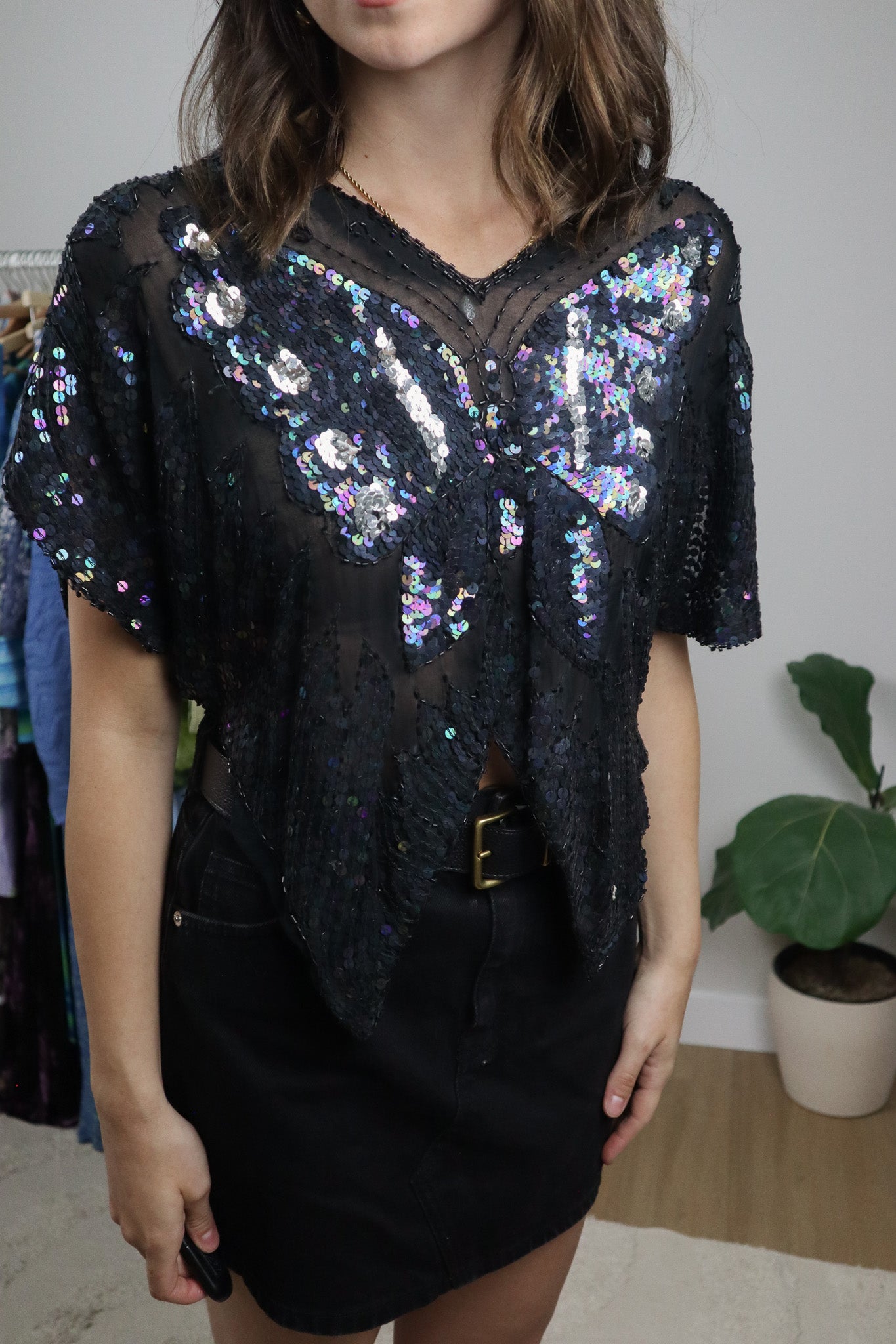 Vintage x Butterfly Mesh Sequins Beaded Top (S/M)