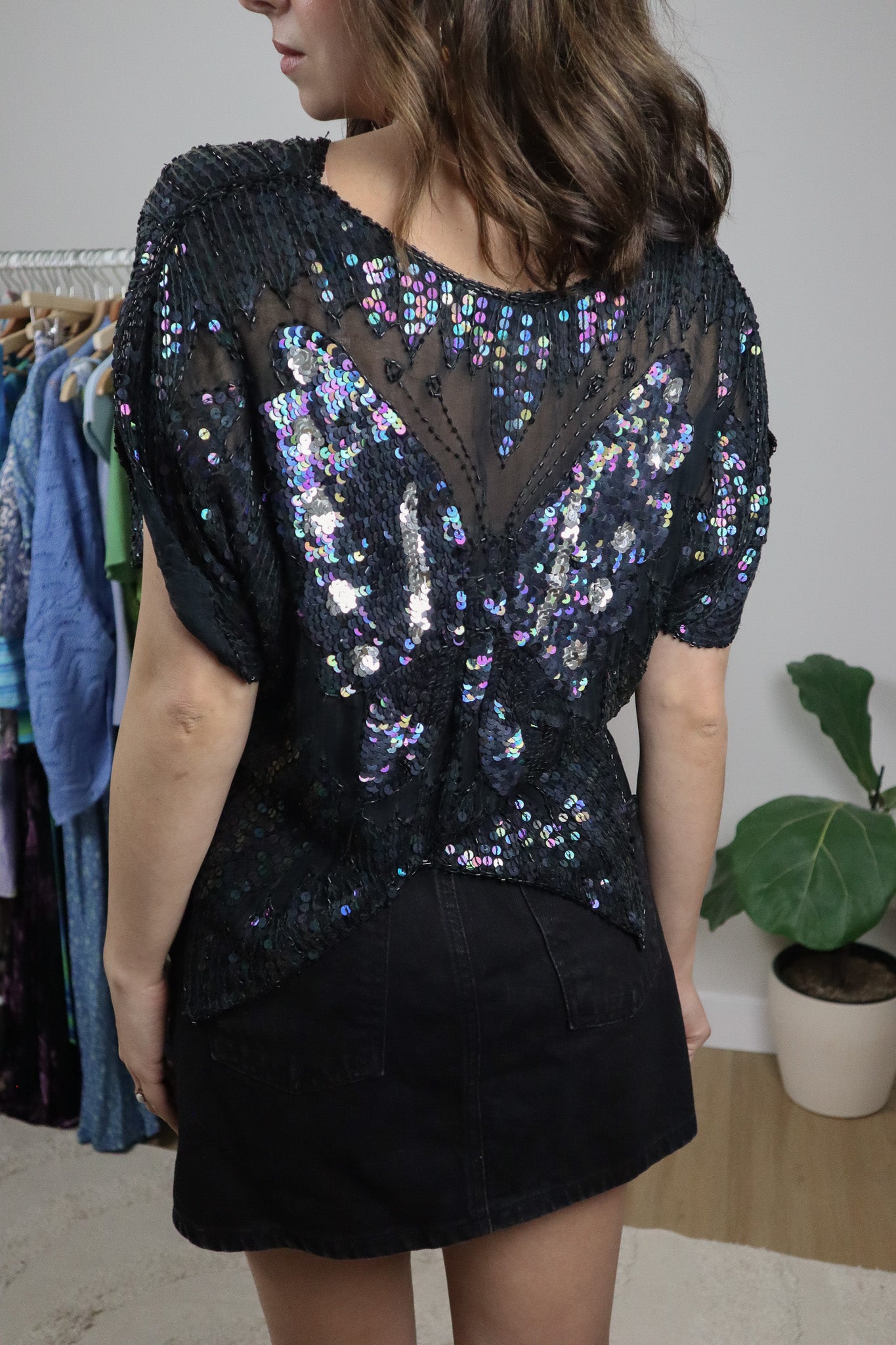 Vintage x Butterfly Mesh Sequins Beaded Top (S/M)