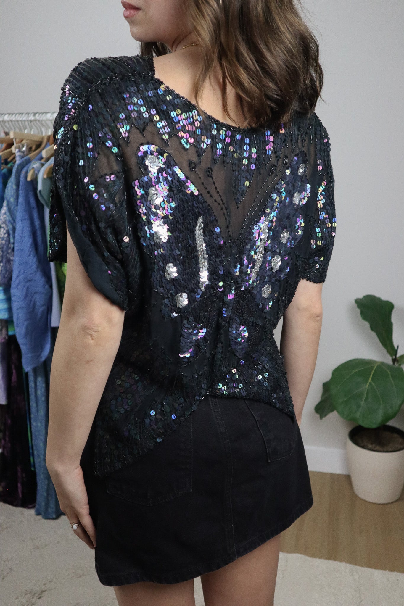Vintage x Butterfly Mesh Sequins Beaded Top (S/M)