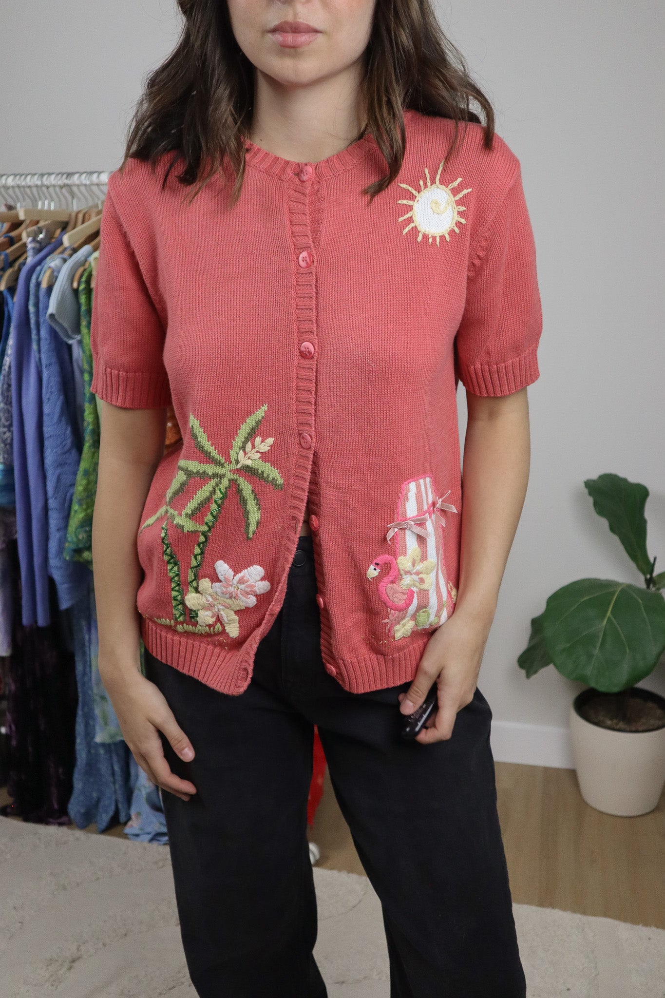 Vintage x Cotton Embroidered Beaded Short-Sleeve Knit (M)
