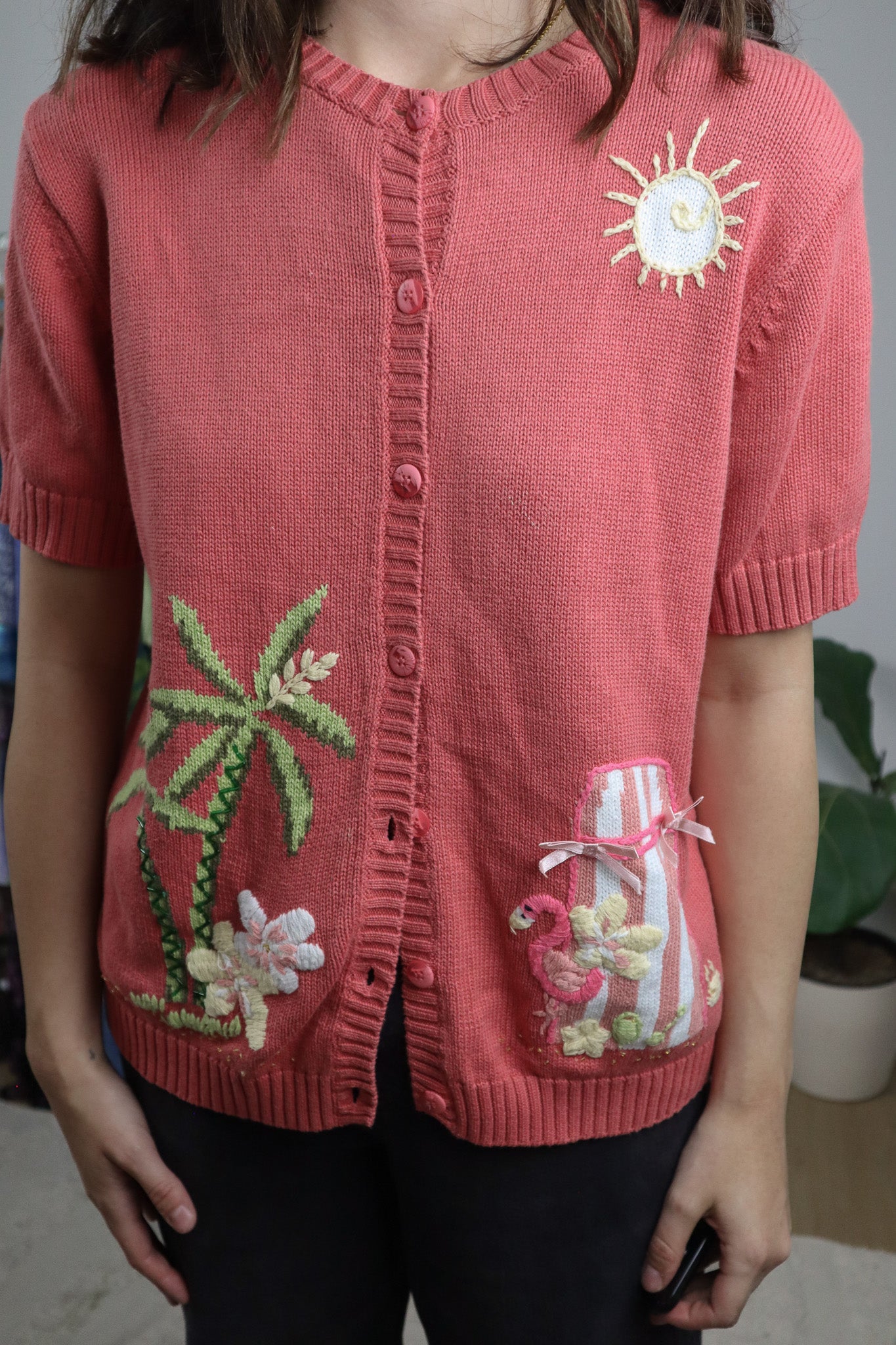 Vintage x Cotton Embroidered Beaded Short-Sleeve Knit (M)
