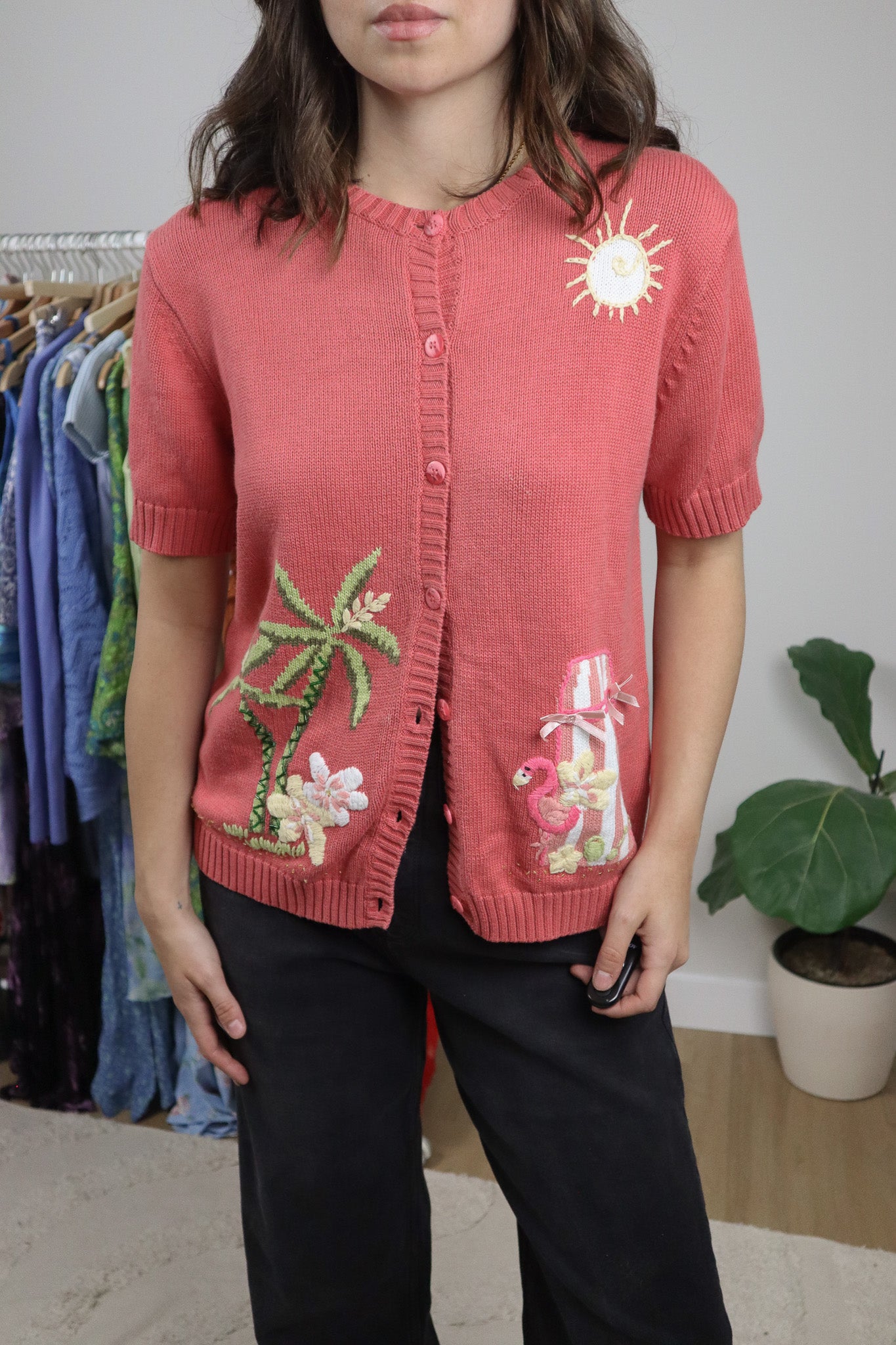 Vintage x Cotton Embroidered Beaded Short-Sleeve Knit (M)