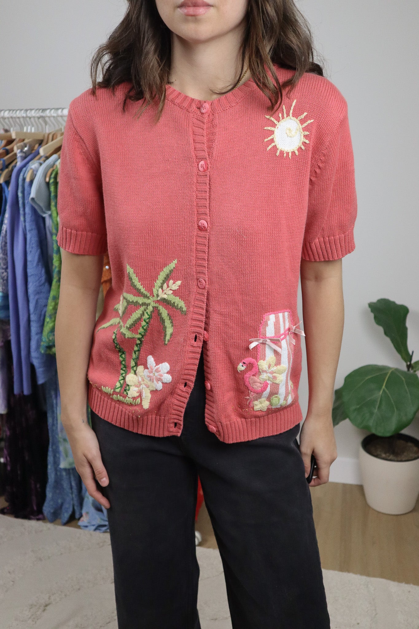 Vintage x Cotton Embroidered Beaded Short-Sleeve Knit (M)