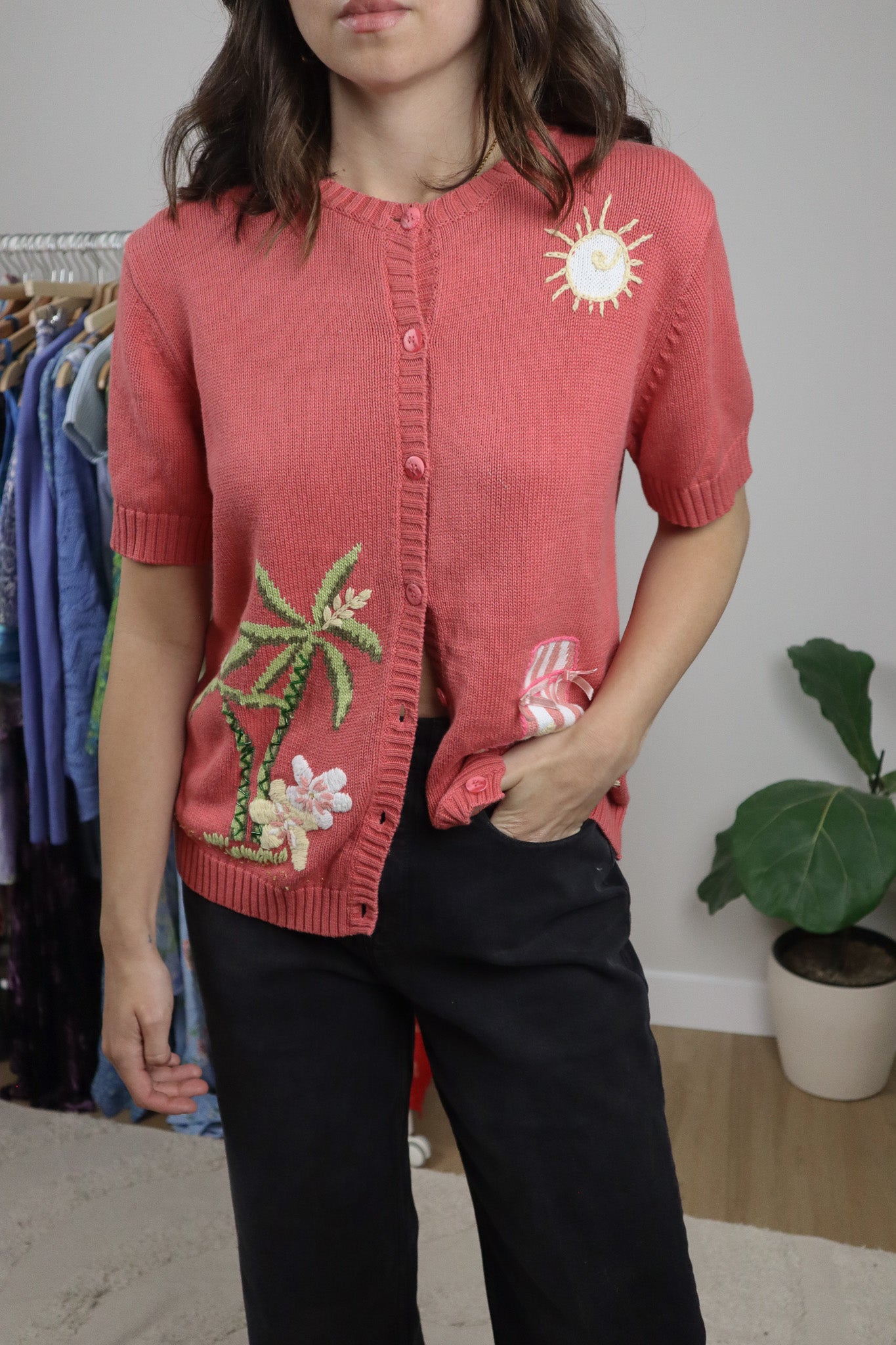 Vintage x Cotton Embroidered Beaded Short-Sleeve Knit (M)