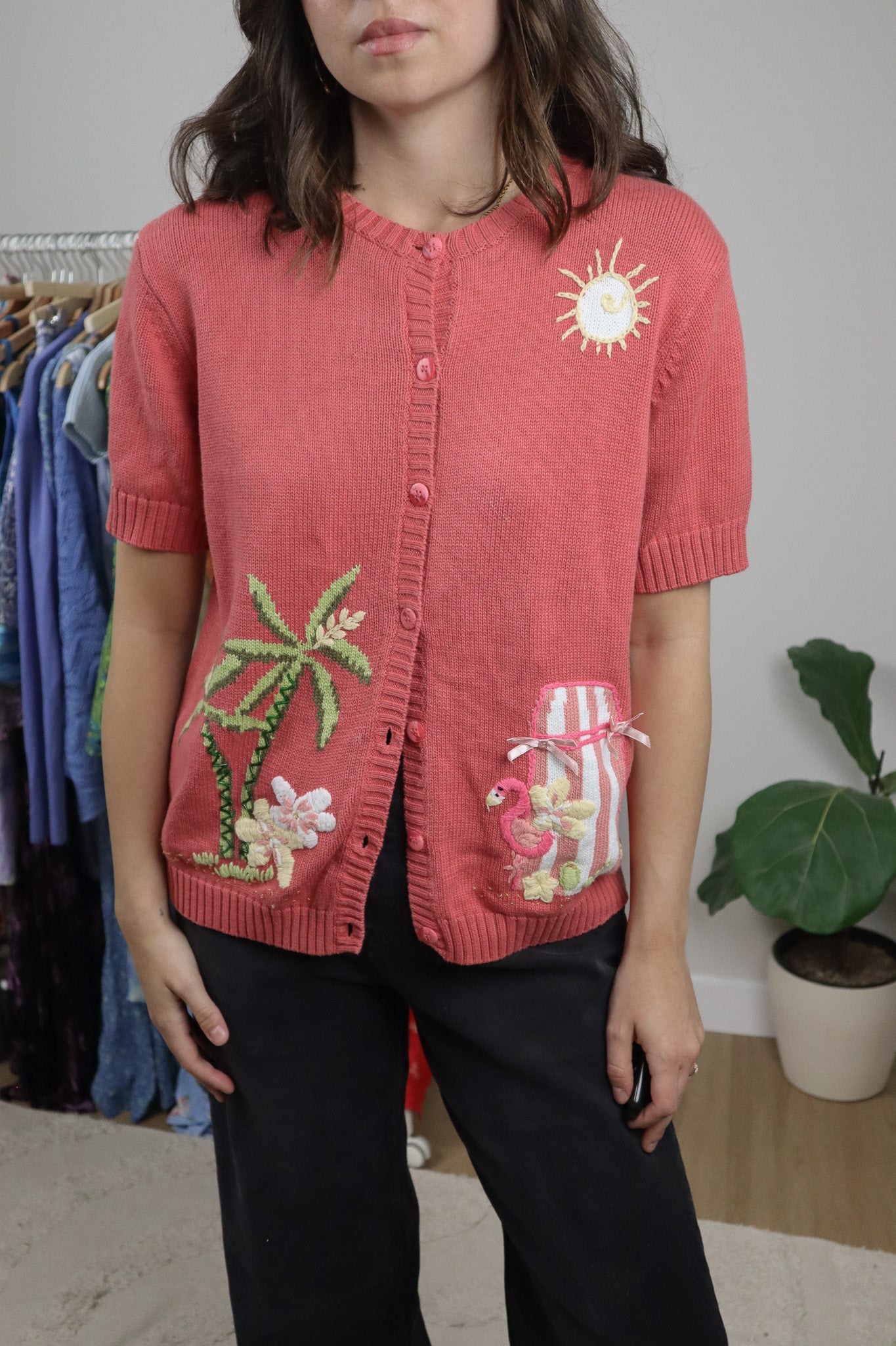 Vintage x Cotton Embroidered Beaded Short-Sleeve Knit (M)