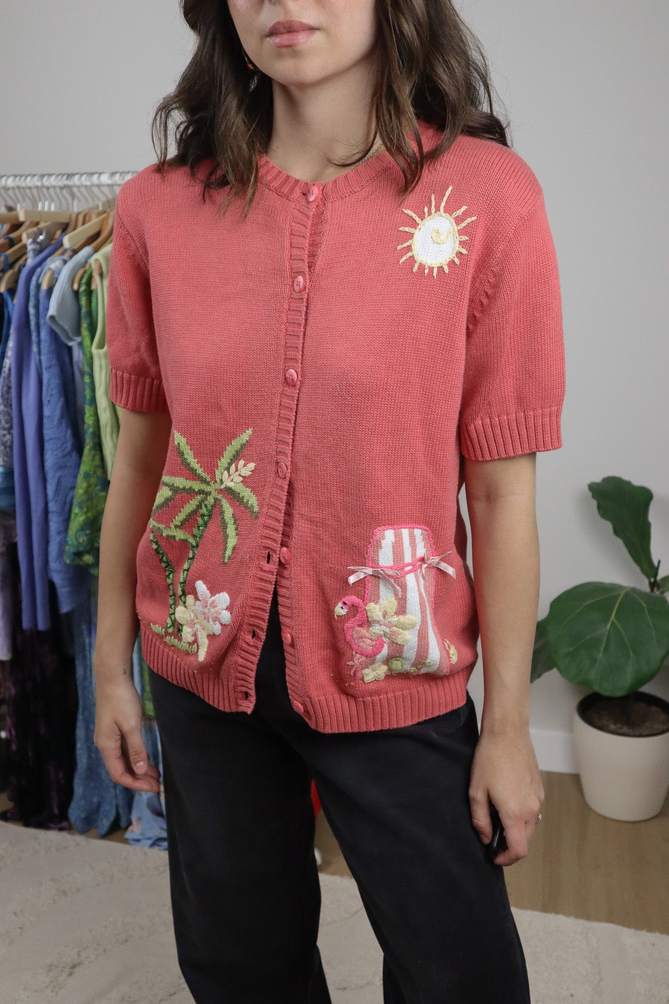 Vintage x Cotton Embroidered Beaded Short-Sleeve Knit (M)