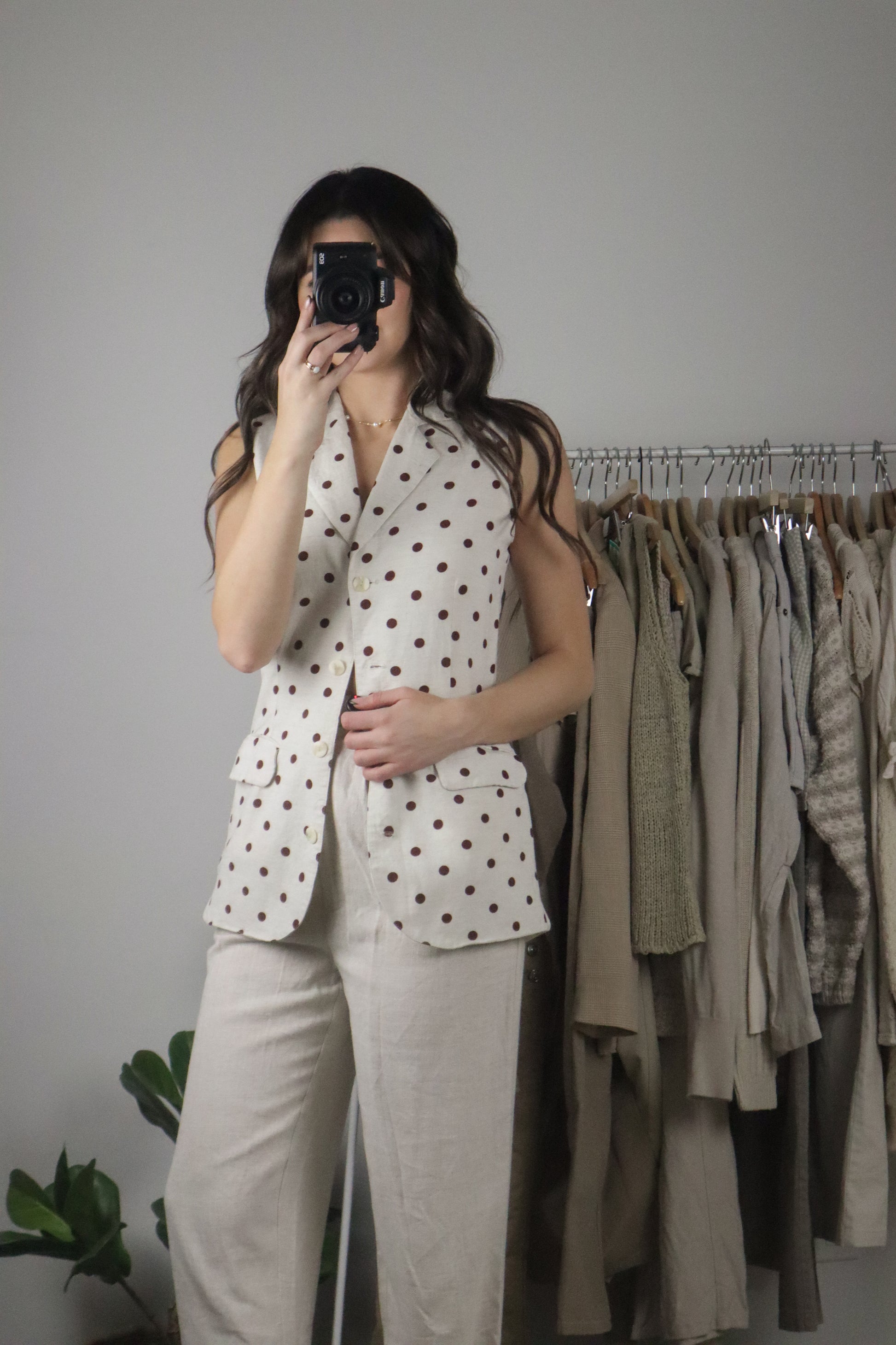 Made in Canada x Vintage x Linen Blend Polka Dot Vest (S)