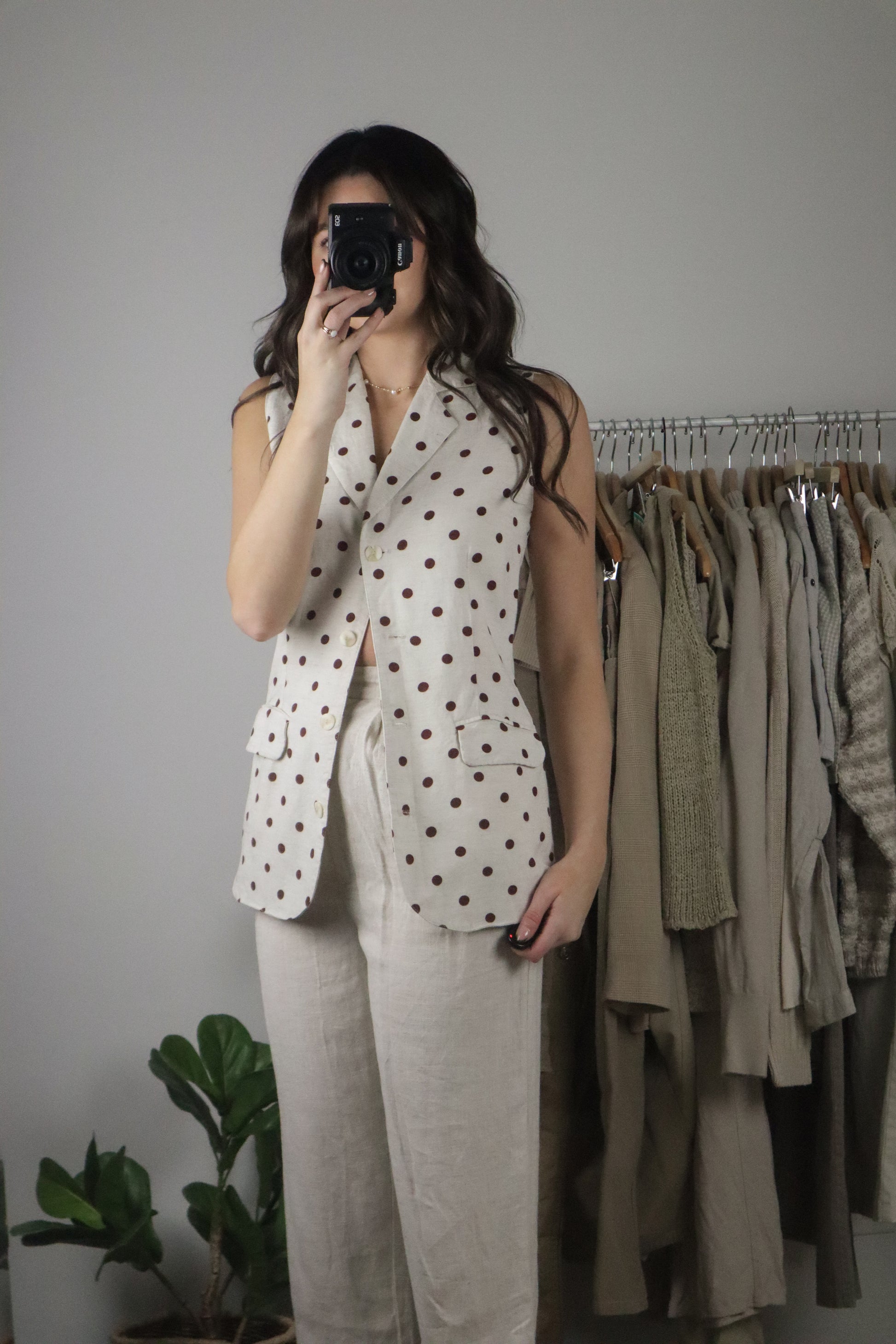 Made in Canada x Vintage x Linen Blend Polka Dot Vest (S)
