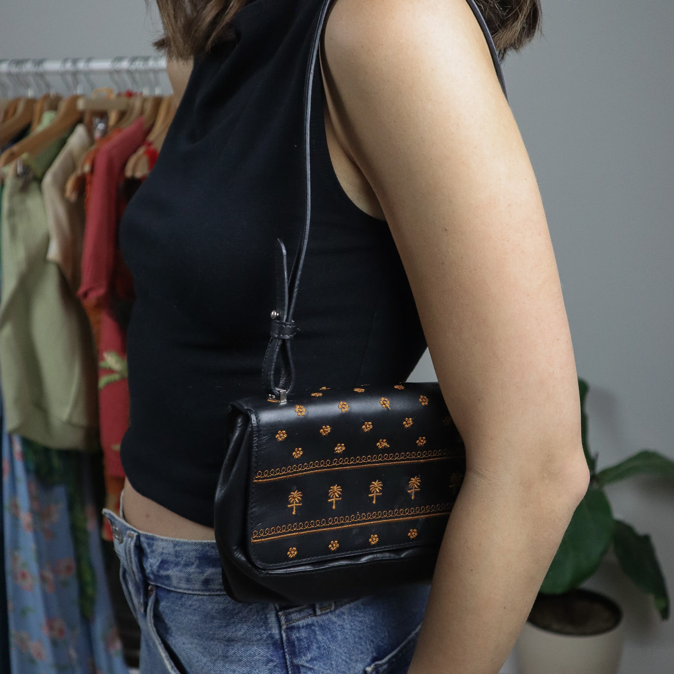 Vintage x Leather Embroidered Shoulder Bag