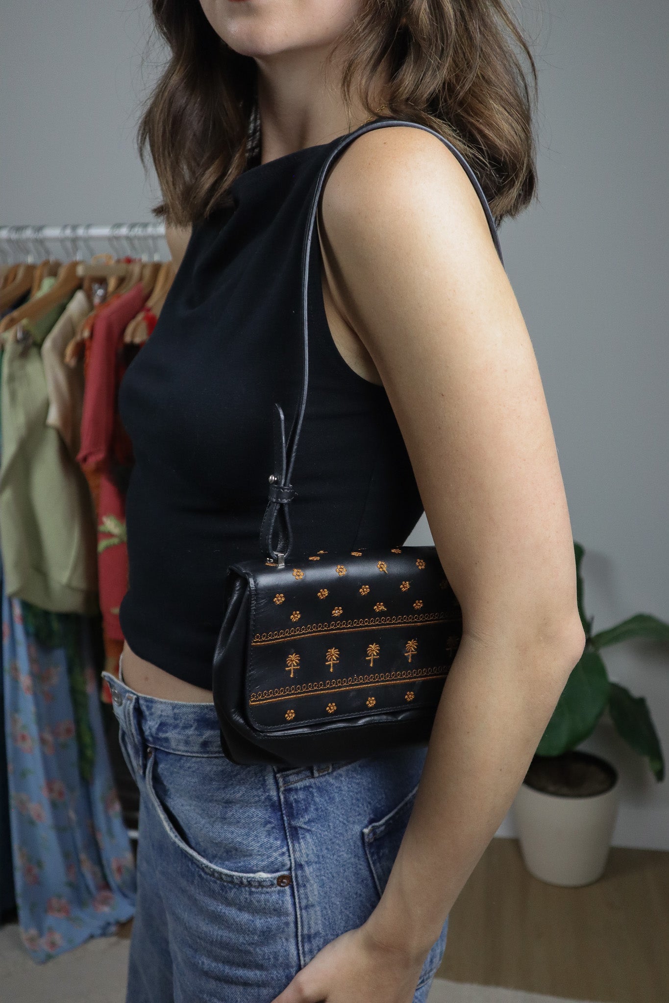 Vintage x Leather Embroidered Shoulder Bag